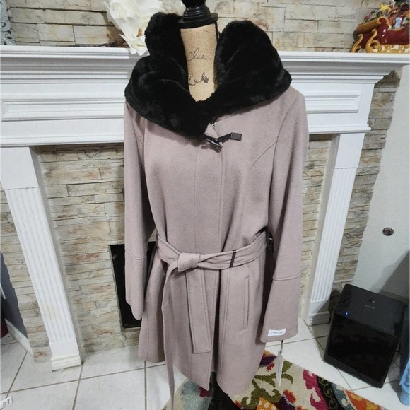 CALVIN Klein Thistle‎ Faux Fur-Trimmed Wool Blend Belted Coat plus size XXL, XL - Picture 4 of 15